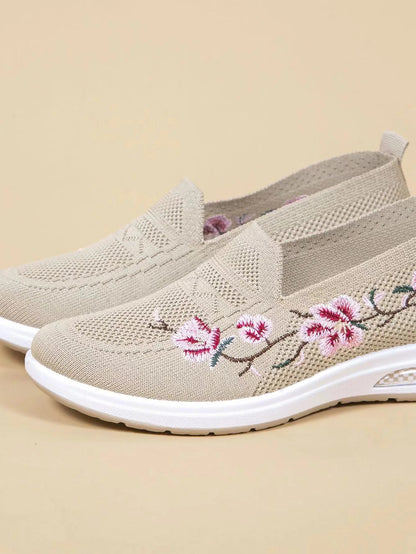 Sporty Sneakers For Women, Floral Embroidered Slip On Rocking Shoes