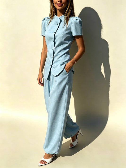 Women's Casual Lightweight Jacket and High-Waisted Trousers Set