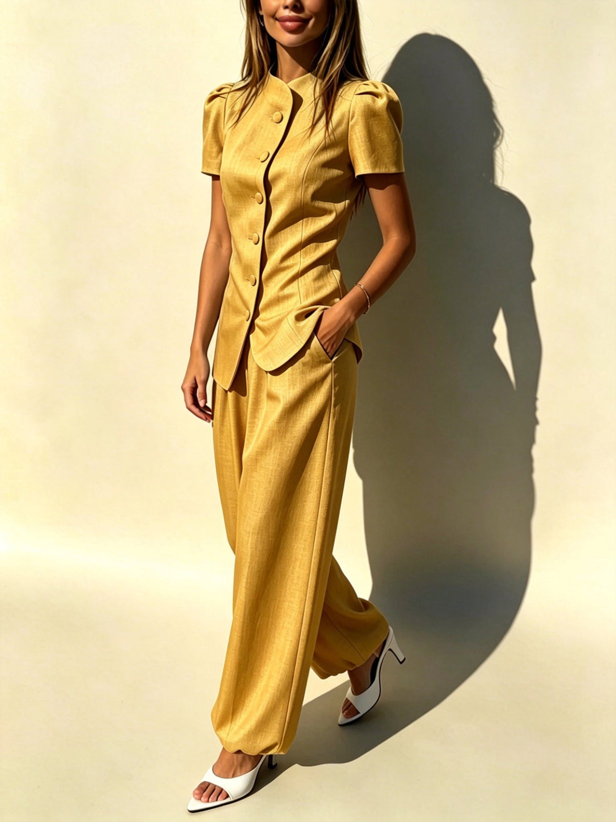Women's Casual Lightweight Jacket and High-Waisted Trousers Set