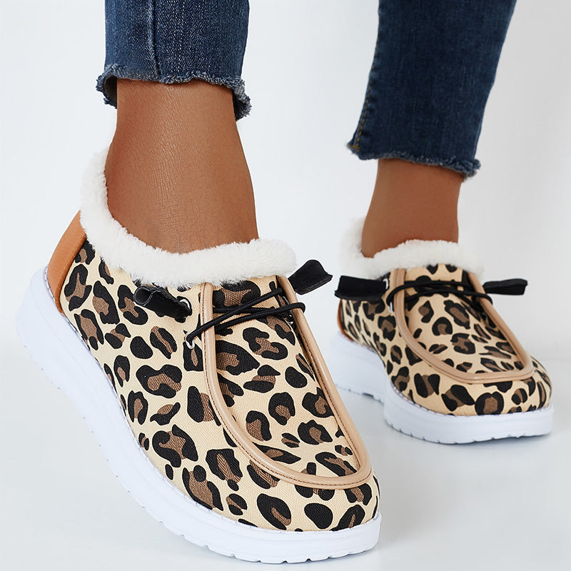 Leopard Winter Warm Flats Plush Faux Fur Lined Non Slip Boots