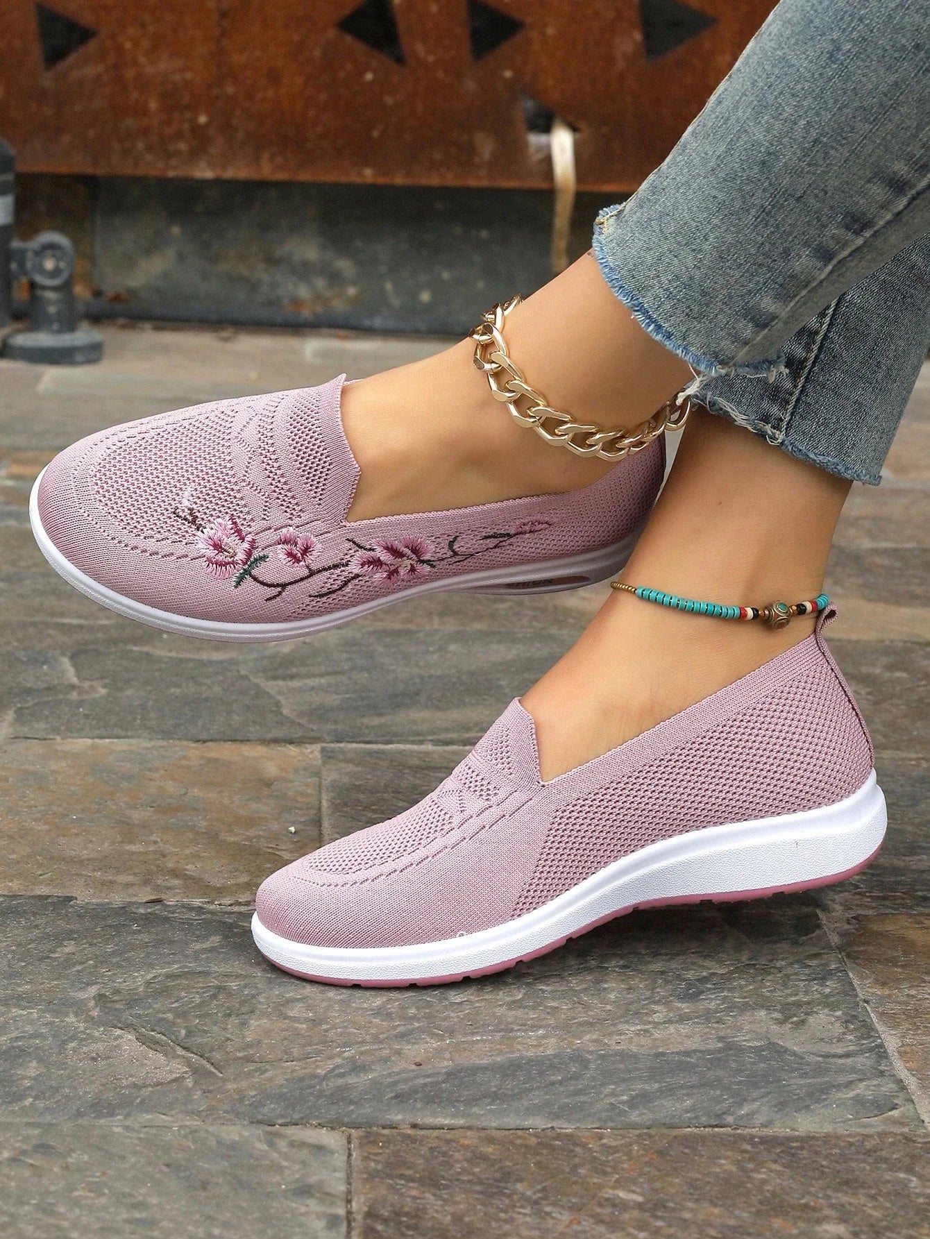 Sporty Sneakers For Women, Floral Embroidered Slip On Rocking Shoes
