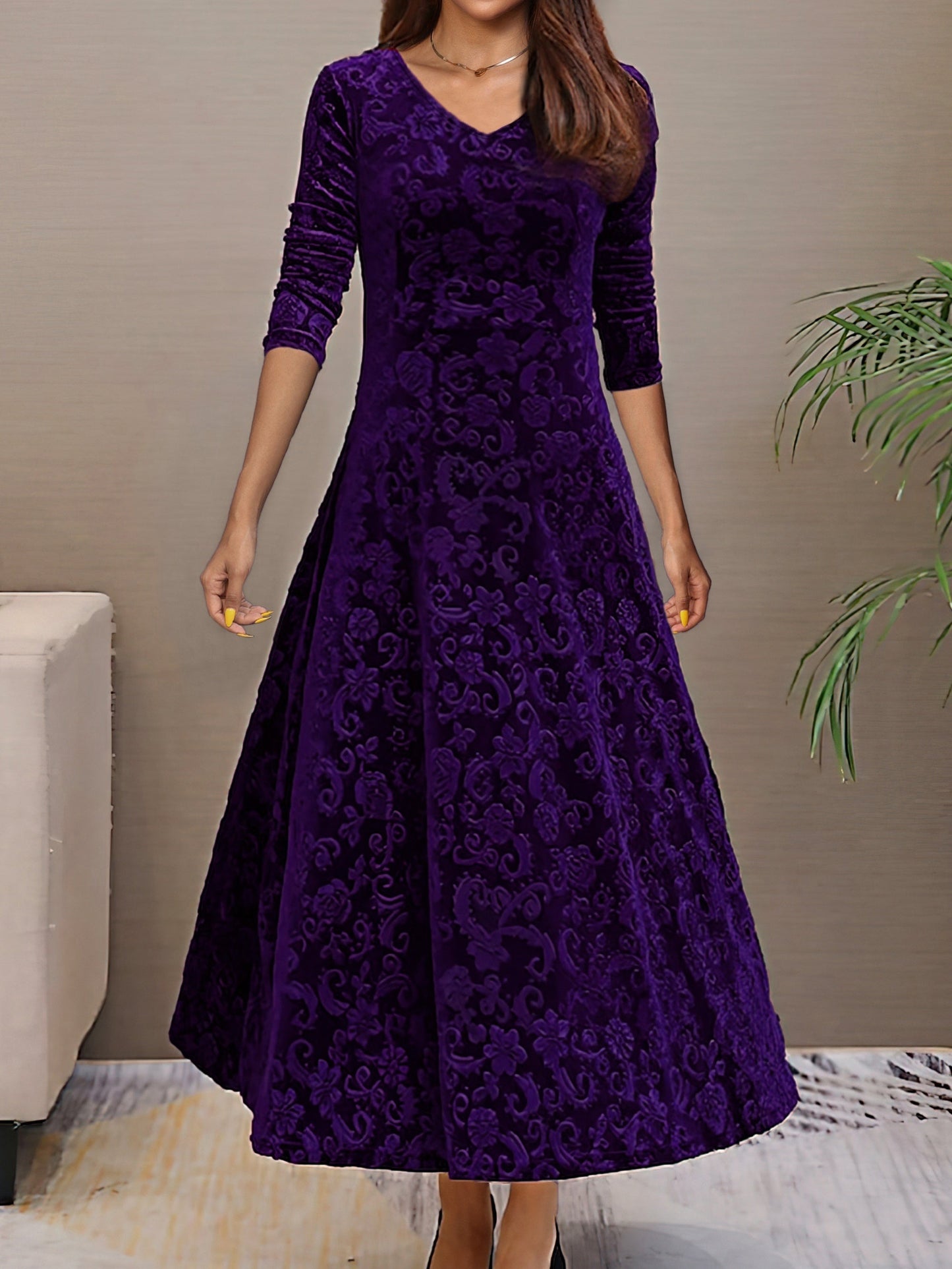 Luxurious Ladies Velvet Floral Formal Gown Dress