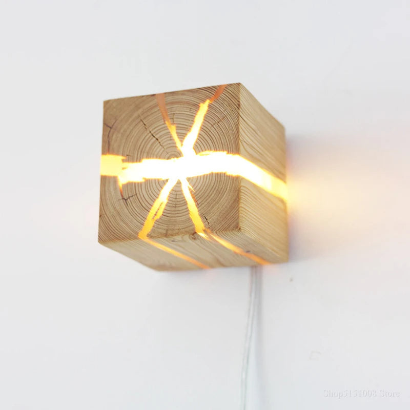 Natural Wooden Square Wall Lamp - OutfitLondon