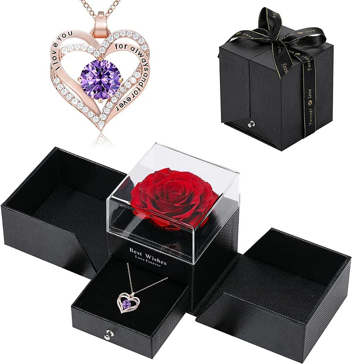 Preserved Real Rose With Forever Love Heart Necklace Gift Set