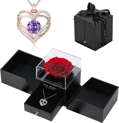 Preserved Real Rose With Forever Love Heart Necklace Gift Set