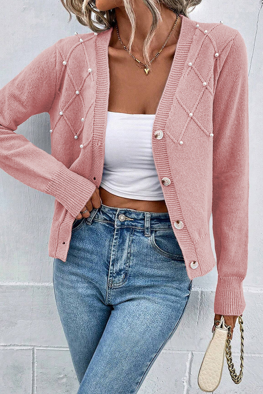 Warm Lightweight Pink Ladies Winter Cardigan Sweater