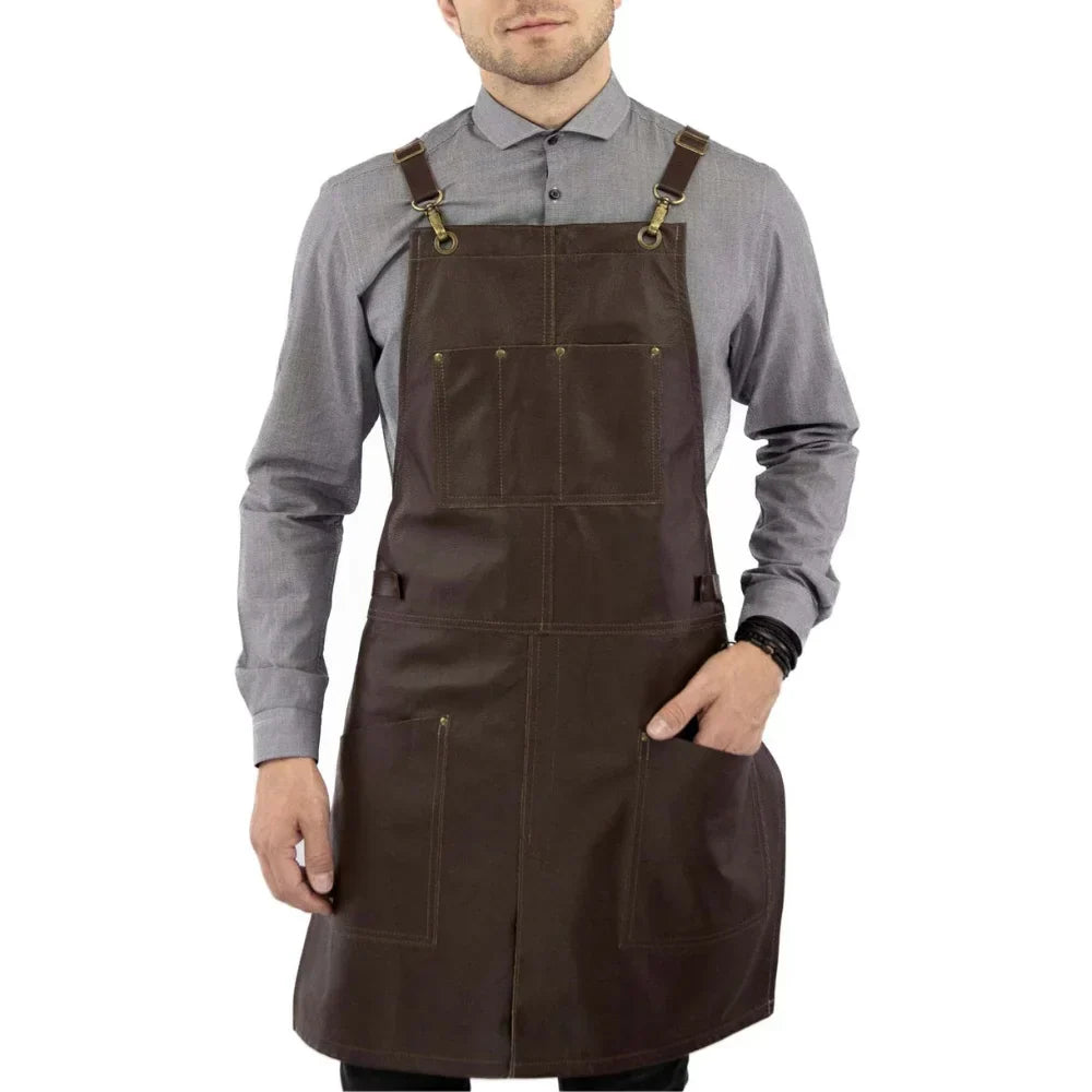 Leather Bar Apron With Pockets Crossback Design - OutfitLondon