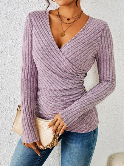 Chic Women's V Neck Long Sleeve Wrap Shirt - OutfitLondon