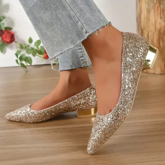 Glitter Shoes with Low Heels - Comfortable and Stable