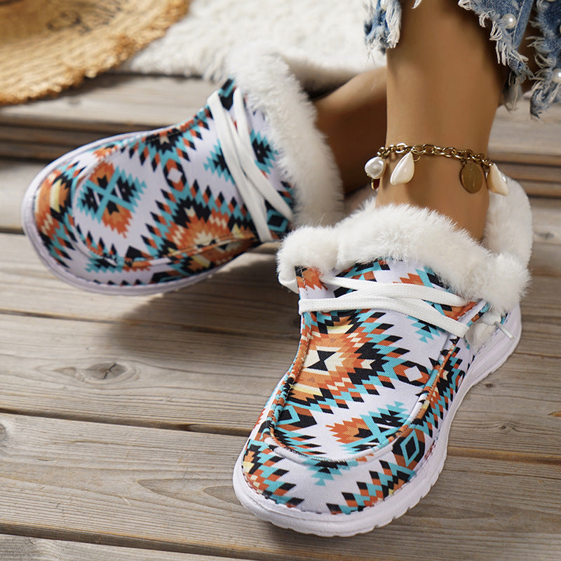 Wild Wendy Print Splicing Winter Flats Slip on Loafers Warm Fur Lined Ankle Boots