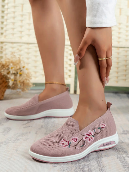 Sporty Sneakers For Women, Floral Embroidered Slip On Rocking Shoes