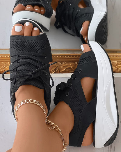 Contrast Paneled Cutout Lace-up Muffin Sandals