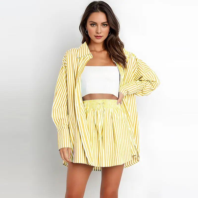 Casual Stripe Button Down Shirt and Shorts Set