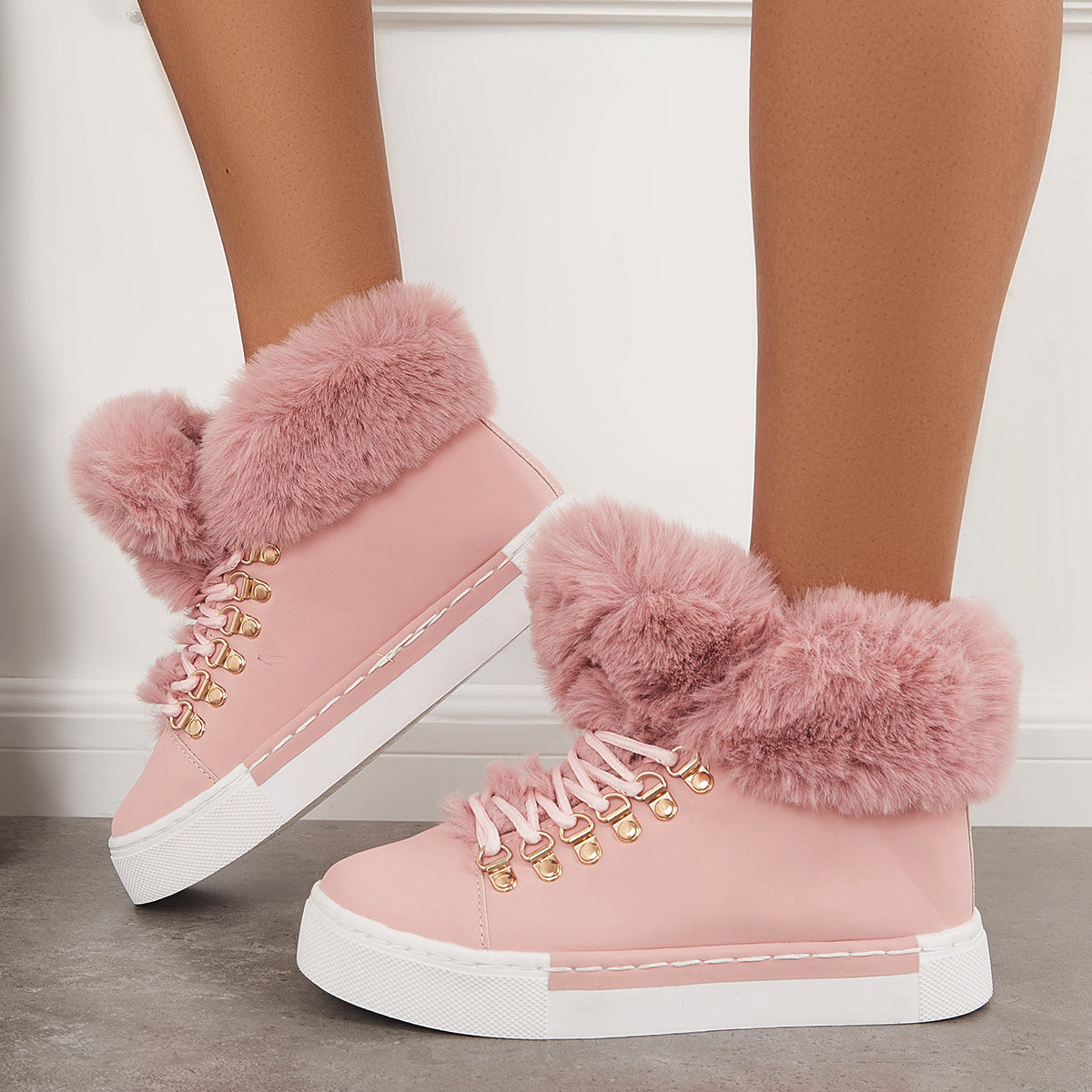 Platform Lace Up Warm Fur Lined Sneakers Flat Ankle Boots