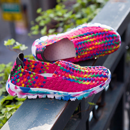 Women Casual Flats Loafers Fantasy Color Mesh Hand Woven Shoes