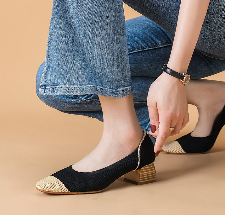 Comfortable Classy Knit Cap Toe Flats-Black Apricot