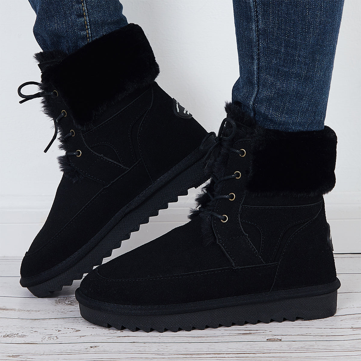 Warm Fur Lined Snow Boots Lace Up Chunky Low Heel Ankle Booties