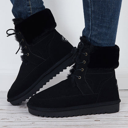 Warm Fur Lined Snow Boots Lace Up Chunky Low Heel Ankle Booties