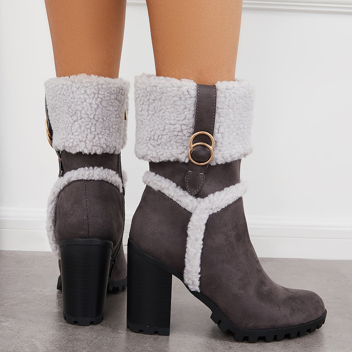 Fur Lined Ankle Snow Boots Side Zipper Chunky Heel Booties