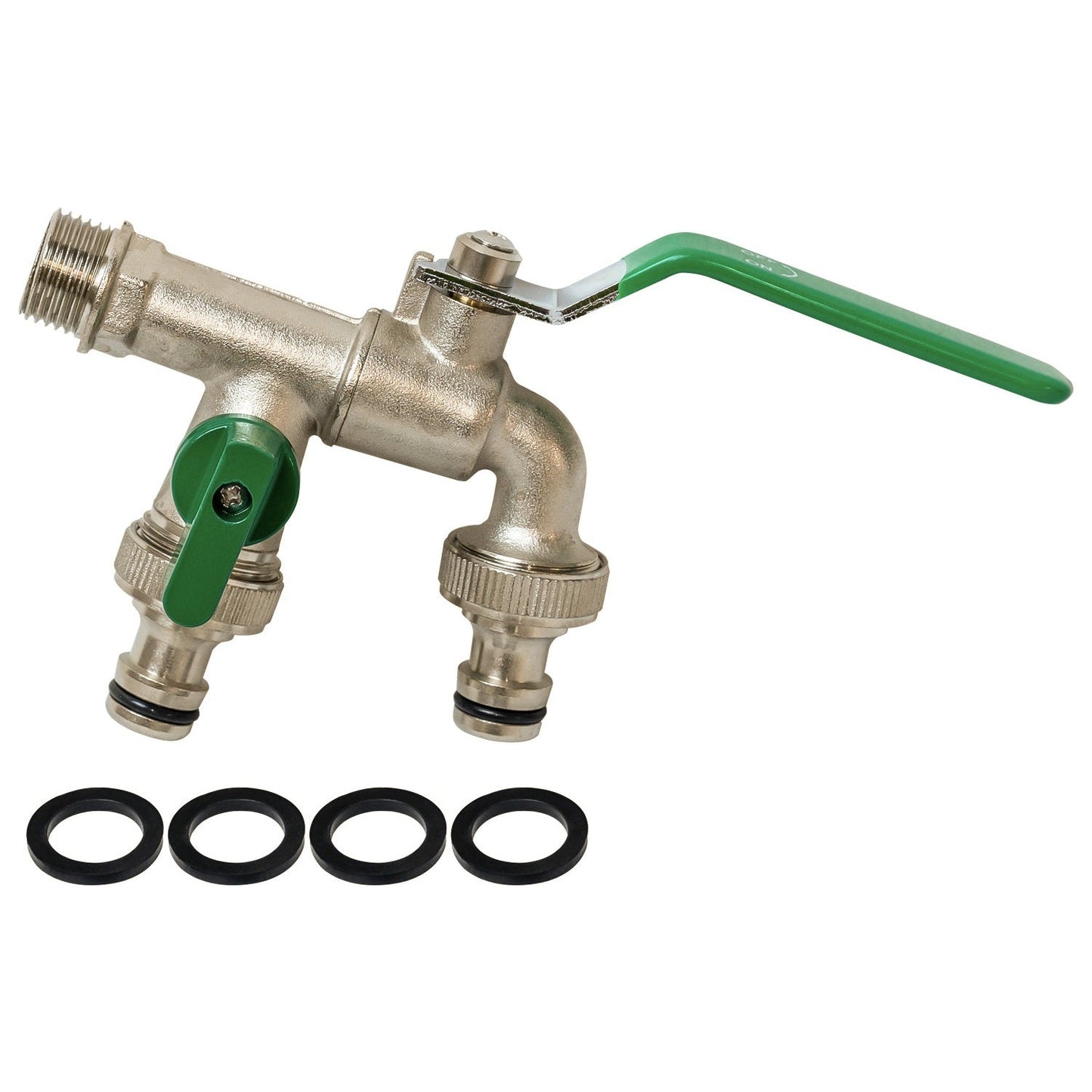 Brass Nickel Plated ½ Double Outlet Garden Tap, 2 x ¾" Hose Connectors