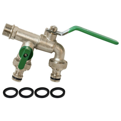 Brass Nickel Plated ½ Double Outlet Garden Tap, 2 x ¾" Hose Connectors