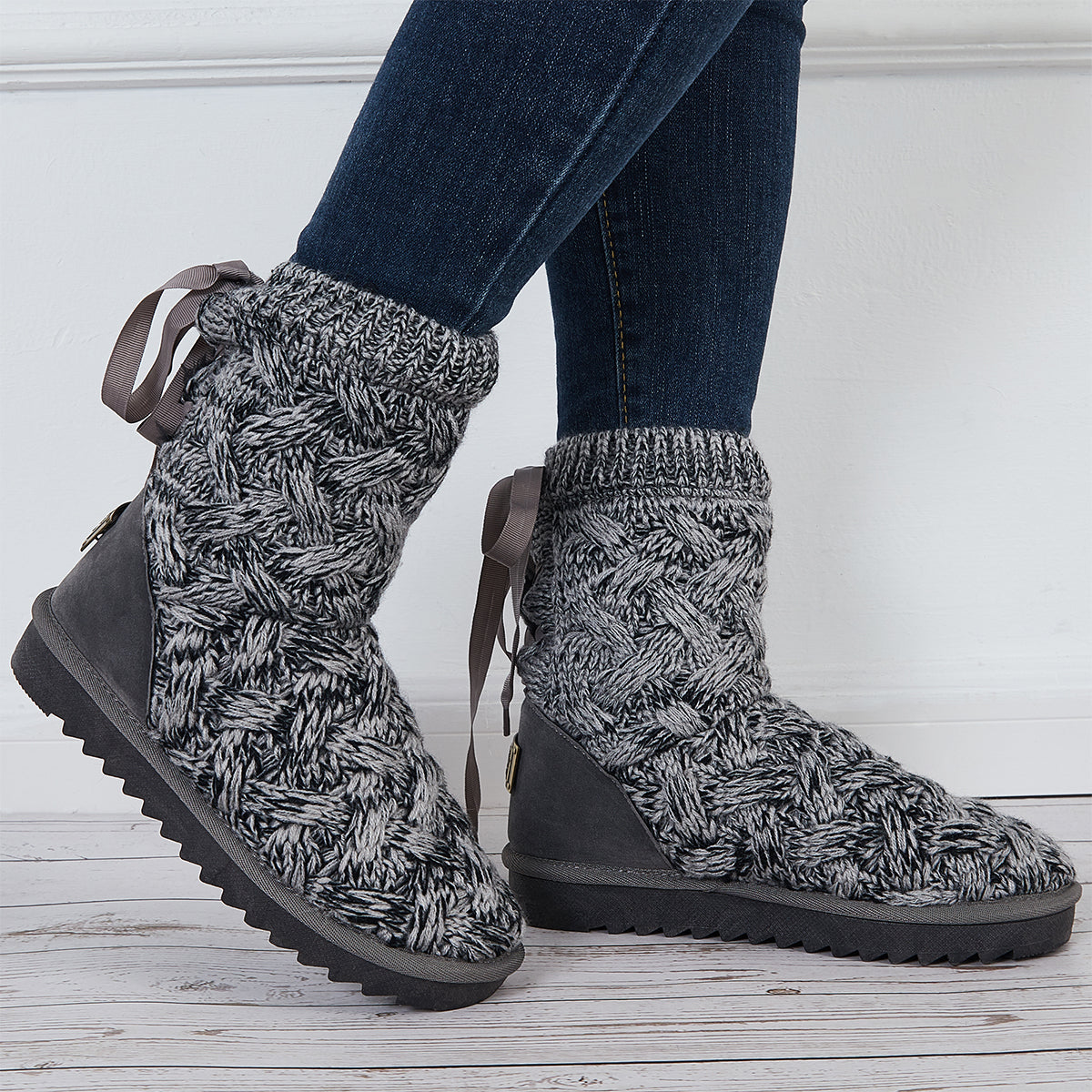 Knit Splicing Warm Ankle Boots Lace Up Winter Short Booties
