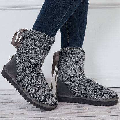 Knit Splicing Warm Ankle Boots Lace Up Winter Short Booties