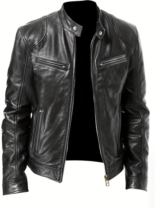 Slim Fit Synthetic Leather Biker Jacket For Men - OutfitLondon
