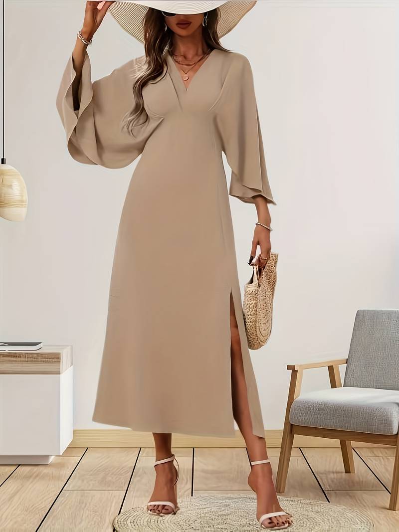 Women's Elegant A-Line Dress with Puffed Sleeves - OutfitLondon
