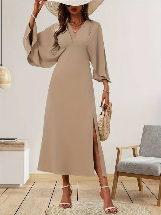 Women's Elegant A-Line Dress with Puffed Sleeves - OutfitLondon