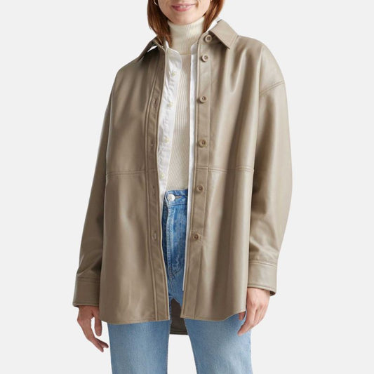 Women's Leather Shirt Jacket Beige - OutfitLondon