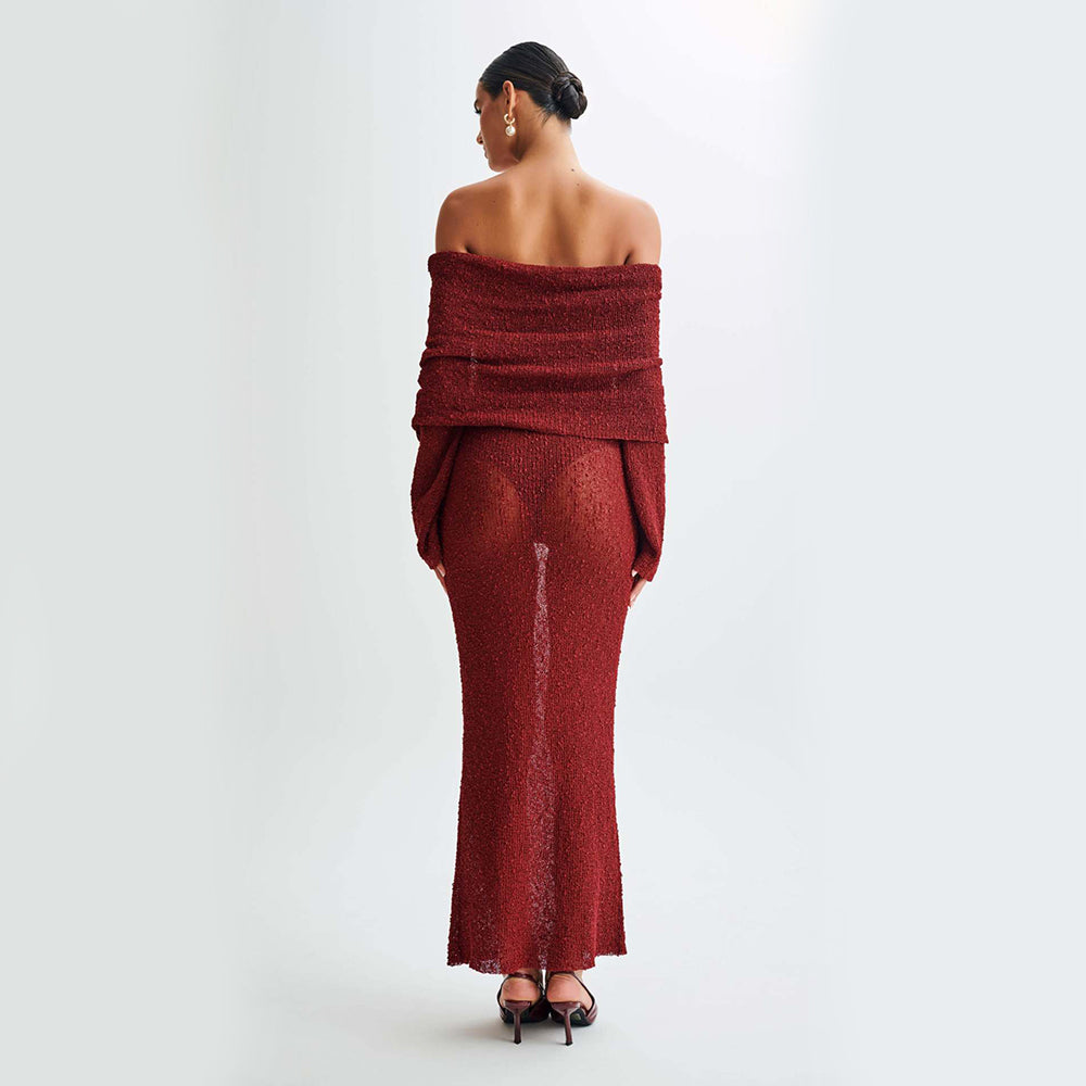 Women's Elegant Knitted Off-Shoulder Long Sleeve Dress
