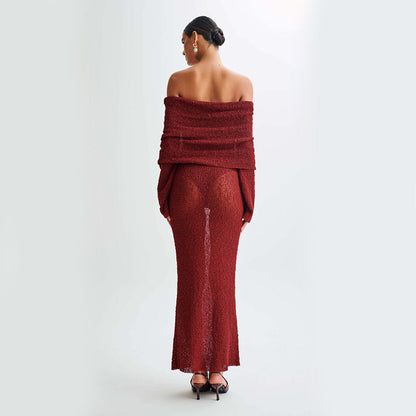 Women's Elegant Knitted Off-Shoulder Long Sleeve Dress