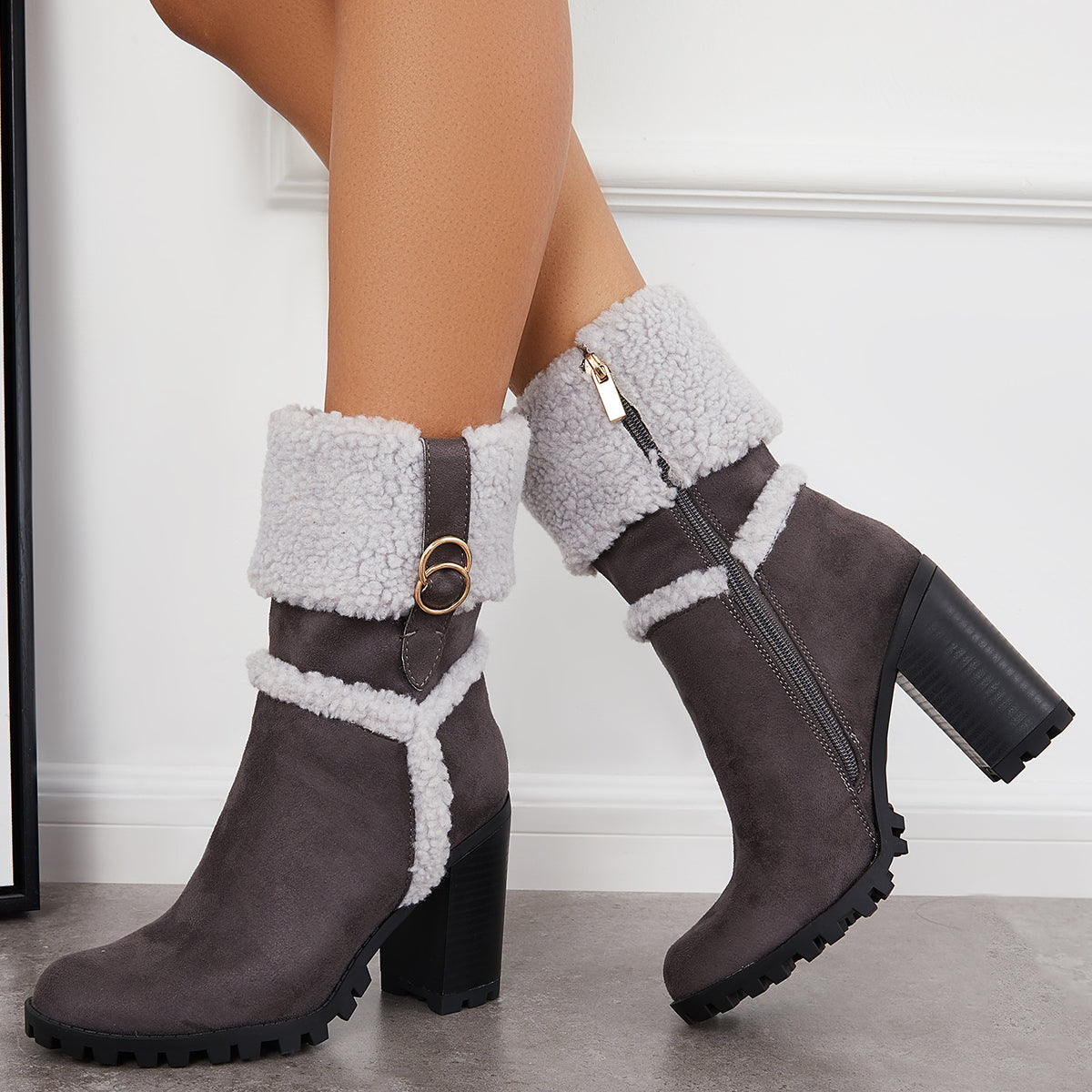 Fur Lined Ankle Snow Boots Side Zipper Chunky Heel Booties