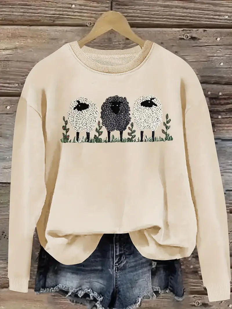 Soft Women's Crew Neck Sheep Pattern Sweater