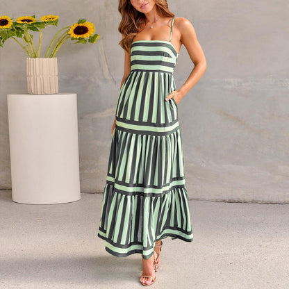 Women's Casual Striped Cotton Suspender Dress