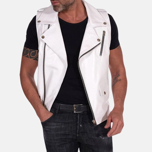 Men's Leather Motorcycle Vest White Adjustable Shoulders - OutfitLondon