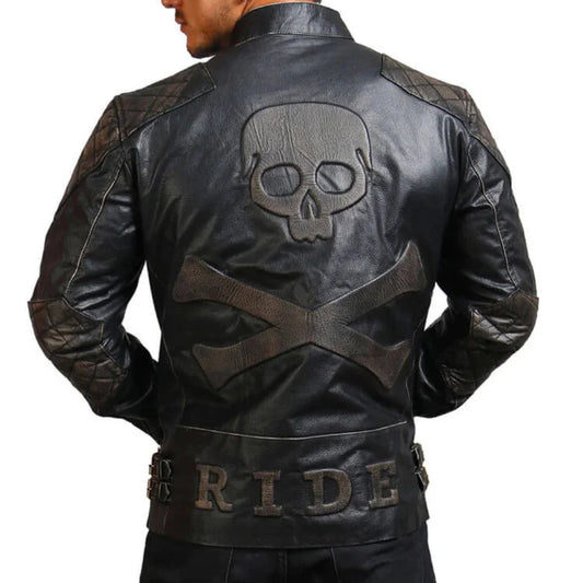 Men's Leather Biker Jacket Asymmetrical Skull Design Black - OutfitLondon