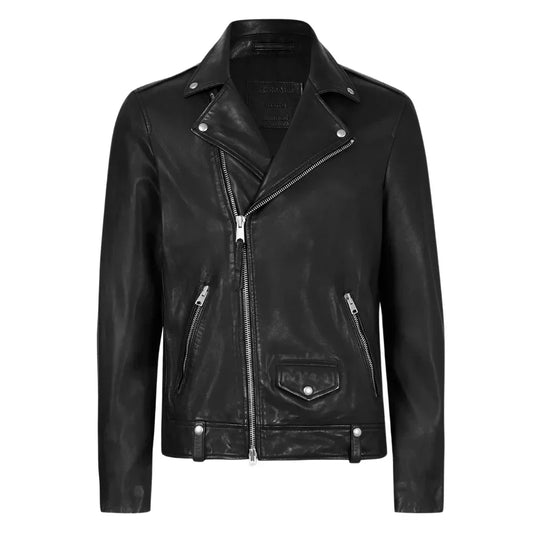 Men's Lambskin Leather Moto Jacket Asymmetrical Collar Black - OutfitLondon