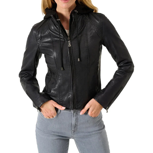Women's Leather Cafe Racer Hooded Jacket Black - OutfitLondon