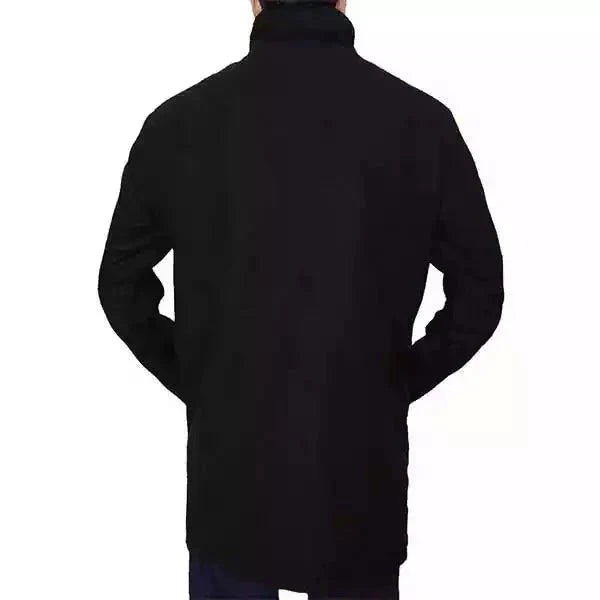 Men's High Neck Wool Coat Black Button Front