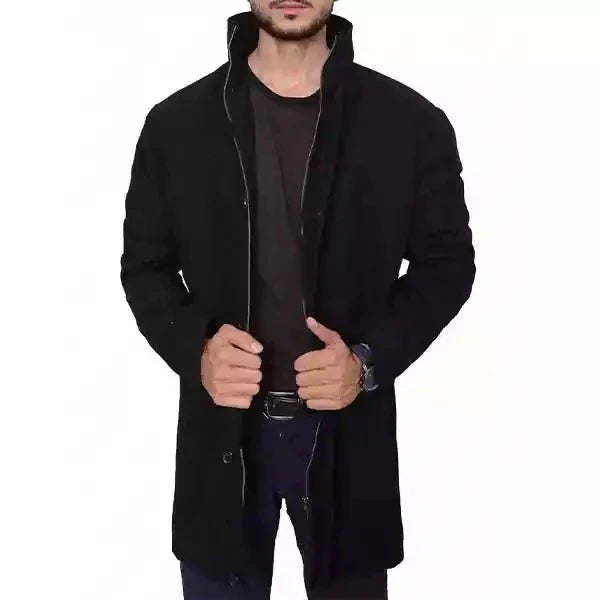 Men's High Neck Wool Coat Black Button Front