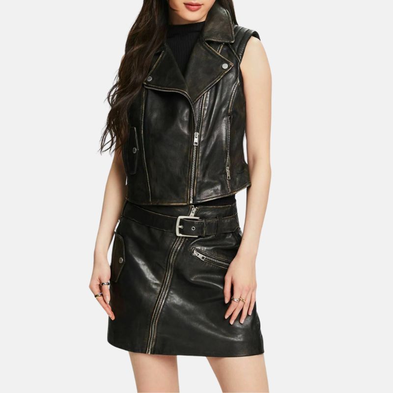 Women's Leather Biker Vest Black Distressed - OutfitLondon