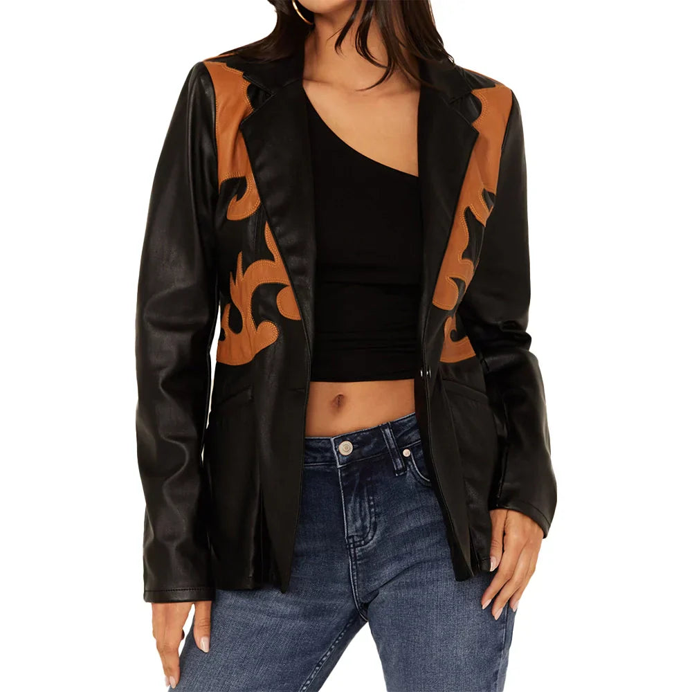 Women's Black Leather Blazer Western Style - OutfitLondon