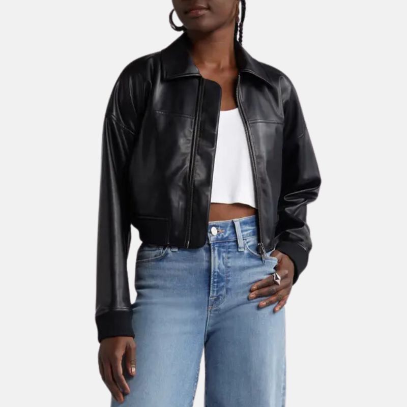 Women's Leather Cropped Bomber Jacket Black - OutfitLondon