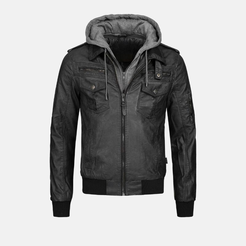 Men's Leather Bomber Jacket Black Removable Hood Zipper - OutfitLondon