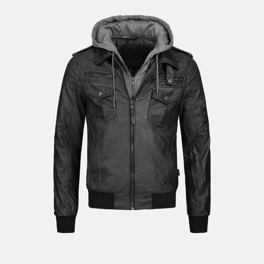 Men's Leather Bomber Jacket Black Removable Hood Zipper - OutfitLondon
