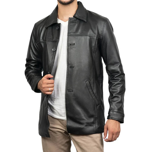 Mens 3/4 Length Lambskin Leather Car Coat Black - OutfitLondon