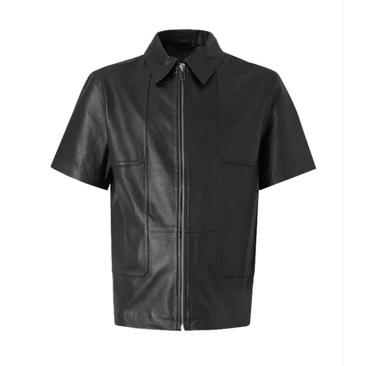 Men's Leather Shirt Black Short Sleeve Zipper Front - OutfitLondon