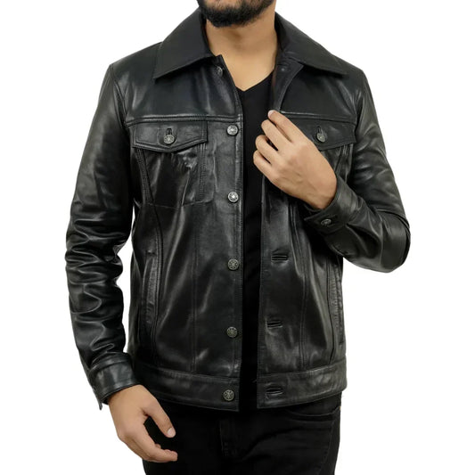 Men's Black Leather Trucker Jacket Biker Style Viscose Lining - OutfitLondon